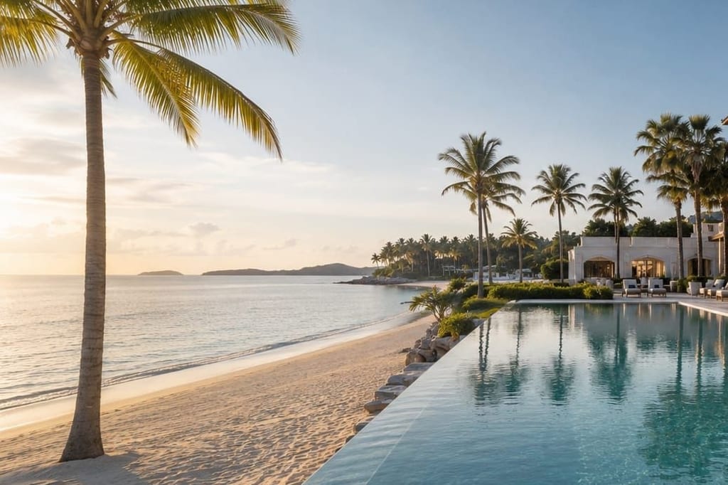 Pool landscape of a hotel residence with palms right on the beach