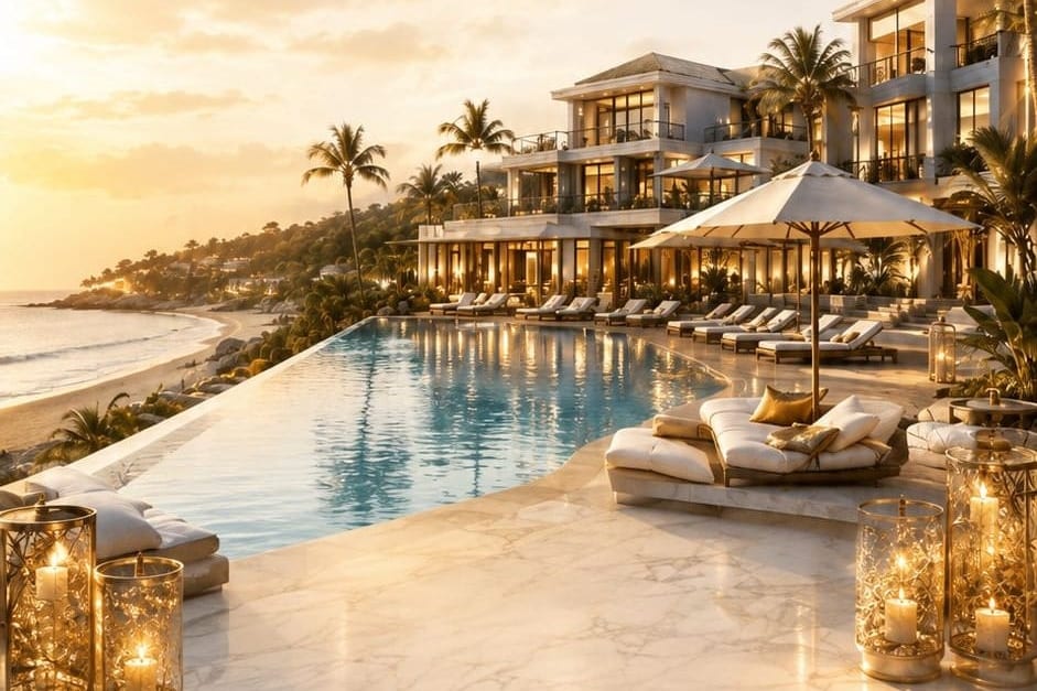 Marble terrace with lanterns beside an infinity pool in golden evening light