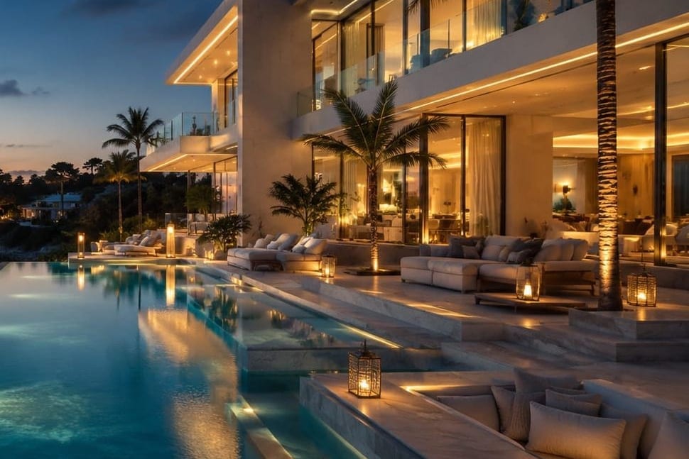 Illuminated pool of a villa at dusk