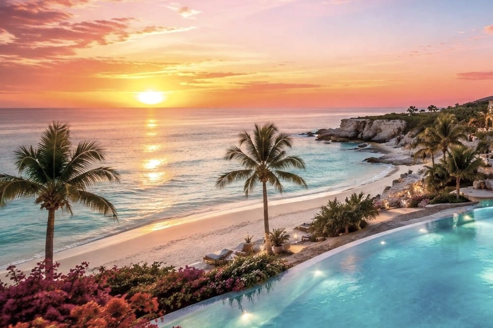 Wide pool landscape on the beach at sunset
