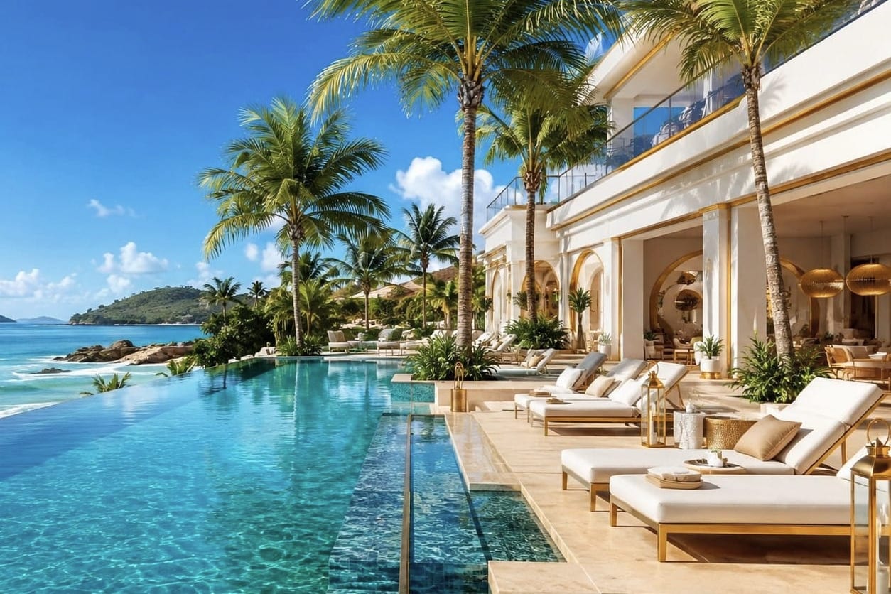 Infinity pool of a residence with palms and a view across the sea