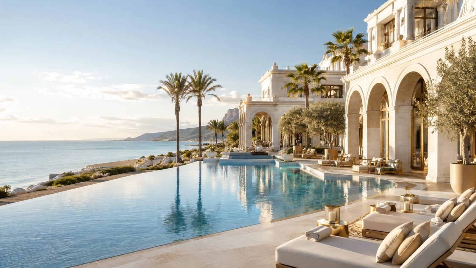 Villa mit Infinity-Pool über dem Meer im Abendlicht